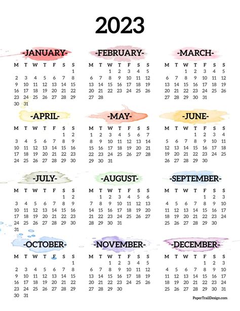 2023 Monday Start Calendar One Page Paper Trail Design