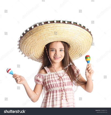 Funny Mexican Girl Sombrero Hat Maracas Stock Photo 1956881761