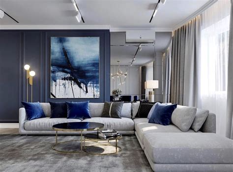 Luxury Blue And Grey Living Room Decor With Blue Abstract Art Work And