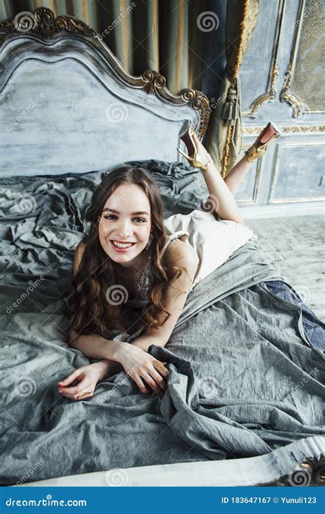 Young Pretty Lady Girl Posing In Vintage Hotel Bedroom Interior Lifestyle Rich People Concept