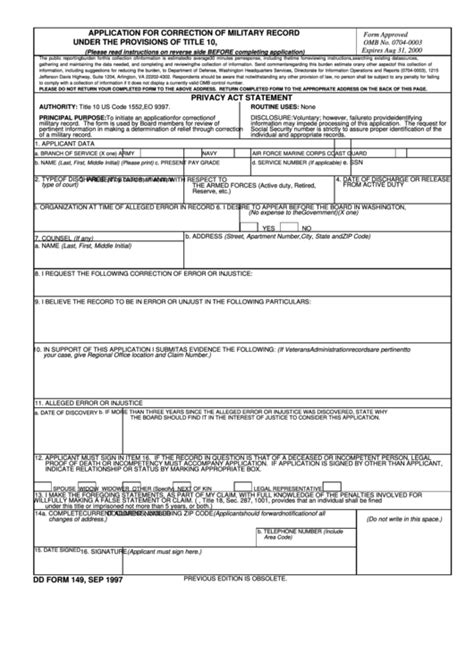 Dd Form 149 Application For Correction Of Military Record Printable