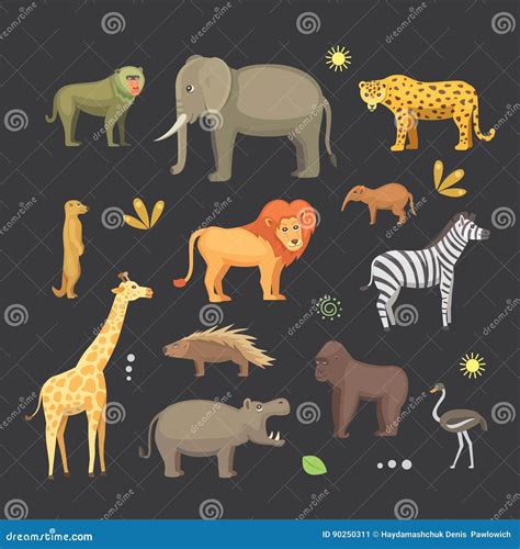 African Animals Cartoon Vector Set Elephant Rhino Giraffe Cheetah