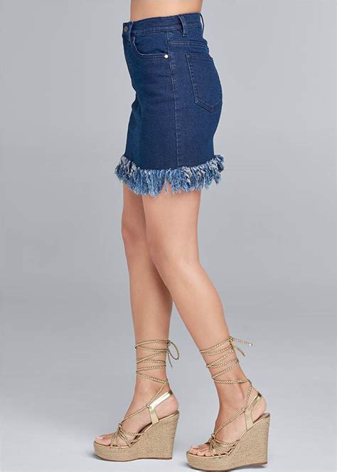 Dark Wash Frayed Hem Denim Skirt From Venus