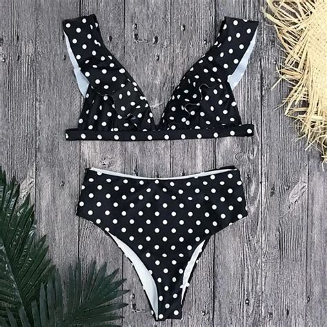 Push Up Ruffle Dots Bikini Sexy High Waist Women Swimwear Swimsuit