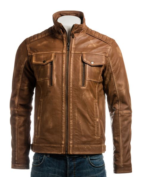 Mens Tan Vintage Biker Style Leather Jacket Brown Jacket