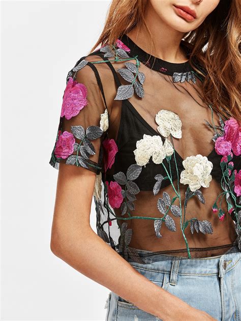 Flower Embroidered Mesh Top Shein Sheinside