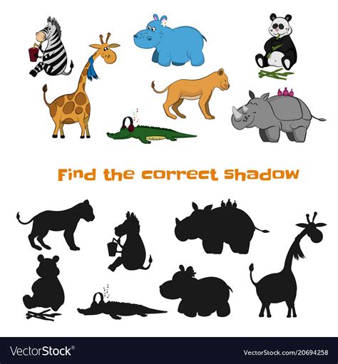 Find The Correct Shadow Kids Game Zoo Animals Vector Image