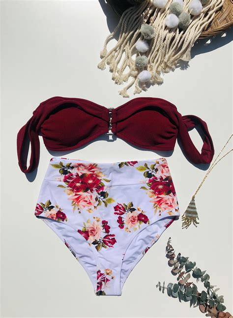 Burgundy And Floral Print High Waist Bikini Set Bikini Set High Waist