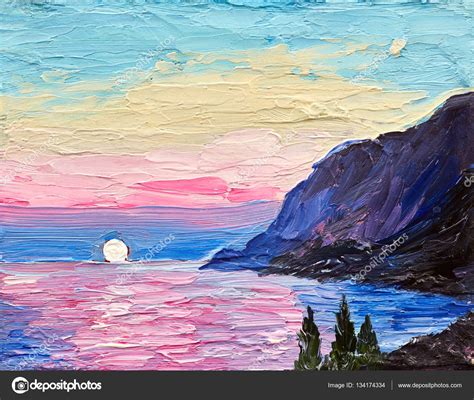 Oil Painting Pink Sunset Sea Mountains — Stock Photo © Max5799