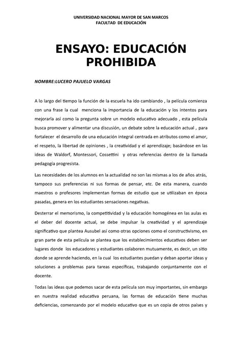 Ensayo Educacion Prohibida Peru Investigación Académica Studocu