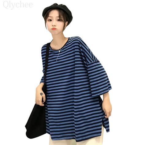 Qlychee Harajuku Hit Color Striped T Shirts Female Short Sleeve T Shirts Spring Autumn Casual