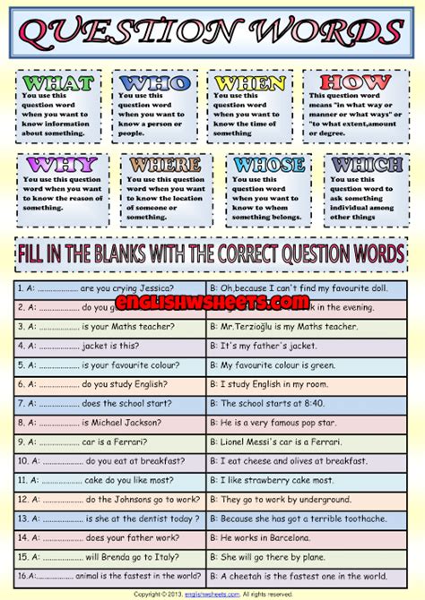 Question Words ESL Grammar Exercise Worksheet
