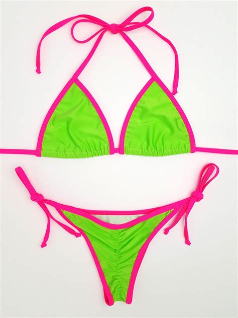 Neon Green With Pink Micro Scrunch Bottom Bikini Etsy