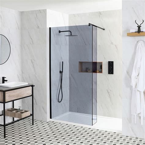 Milano Nero Luna Smoked Glass Walk In Shower Enclosure With Tray Choice Of Sizes And Hinged