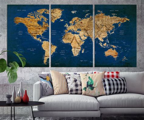 N14458 Modern Large Gold And Navy Blue Wall Art World Map Map Push Pin