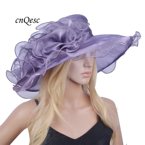 New Lavender Purple Plum Wide Brim Crystal Organza Hats Church Wedding