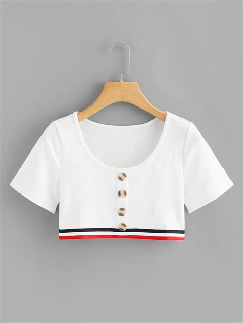 You'll find the widest range of bras & crop tops products online and delivered to your door. Striped Trim Button Front Crop Top | Crop tops, Crop tops ...
