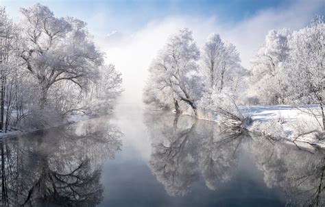 Wallpaper Winter Trees Reflection River Germany Bayern Germany