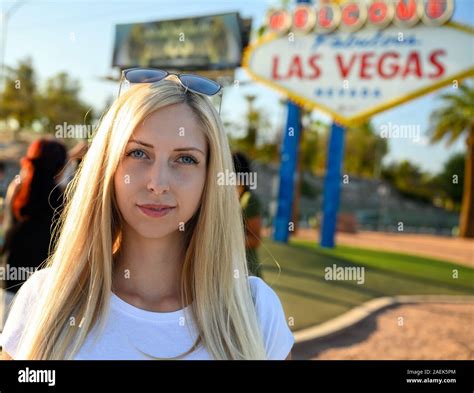 Portrait Of A Gorgeous Blonde Woman On The Las Vegas Strip Standing
