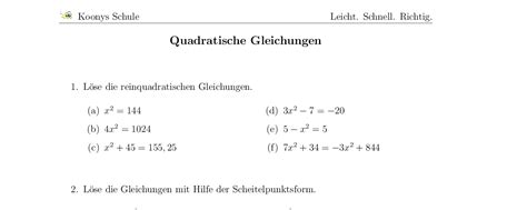 Aufgaben Quadratische Gleichungen Mit Lösungen Koonys Schule 0062