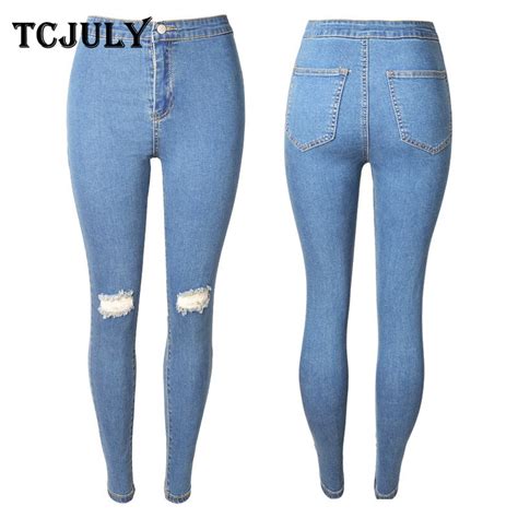 Tcjuly Spring 2020 New Cotton Blue Jeans Skinny Push Up Stretch Denim Pants With Holes