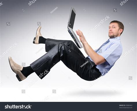 Businessman Laptop Computer Unreal Pose Air Stock Photo Shutterstock