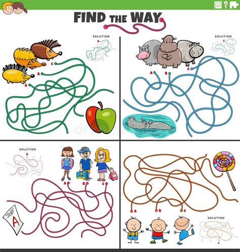 find the way maze game with funny cartoon characters stock vector illustration of funny
