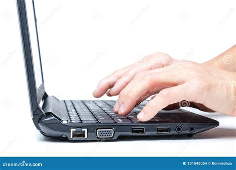 Hands Typing On Keyboard Laptop Isolated On White Background With Copy