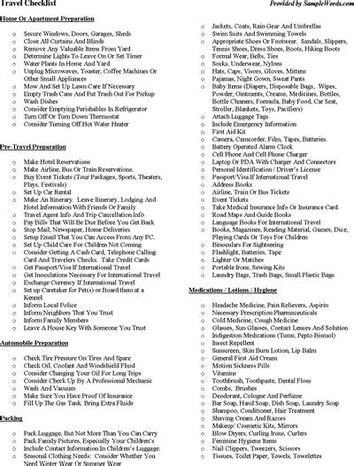 printable travel checklist microsoft word document