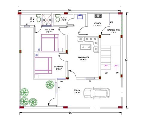 Autocad 2 Bhk House Plan Drawing Download Dwg File Cadbull