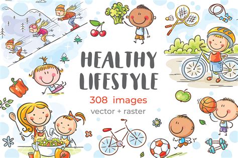 Hand Drawn Cartoon Kids And Families Doing Sports And Eating Healthy