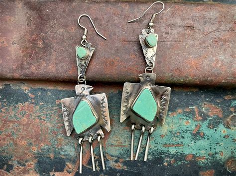 Navajo Vernon Begay Stamped Silver Turquoise Thunderbird Dangle