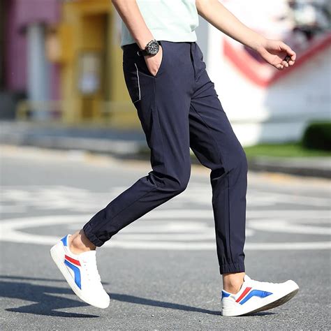 ankle length dry fit elastic ankle length cuffs mens pants plus size solid gray male trousers
