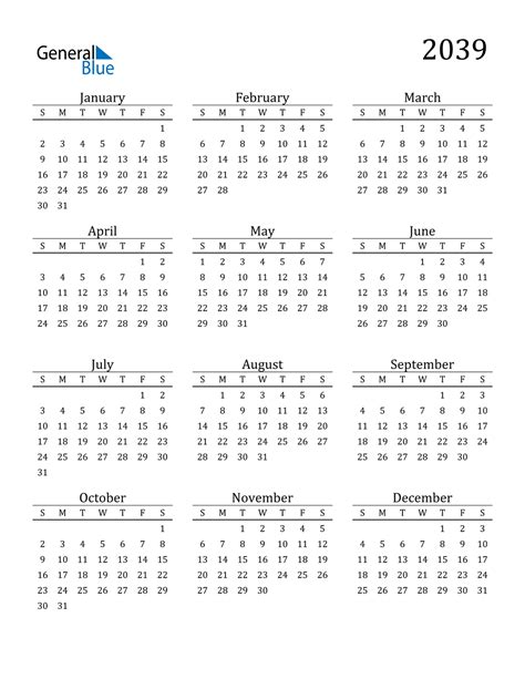 2039 Calendar Pdf Word Excel