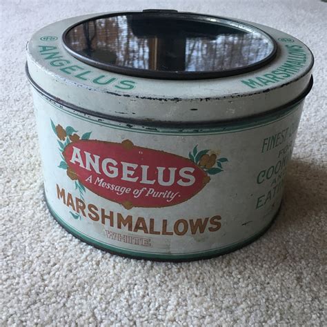 antique 5 pound angelus marshmallow tin with hinged glass etsy