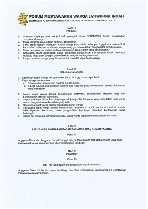 Anggaran Dasar dan Anggaran Rumah Tangga Perumahan Jatiwarna Indah