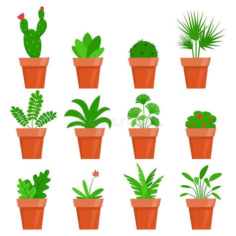 Potted Plants And Flowers Icons Cute House Plants In Flat Style Stock