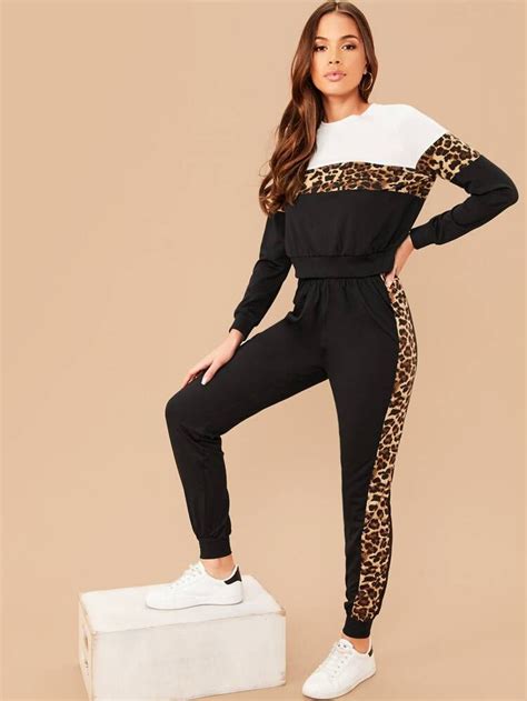 Leopard Panel Color Block Sweatshirt And Joggers Set Shein Usa Two