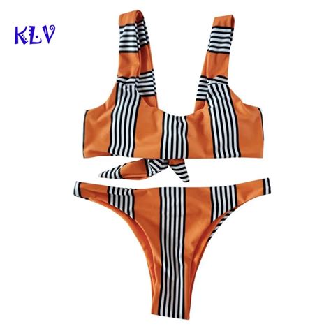 Klv Knot Stripe Bikini Set Sexy Brazilian Thong Bikini Swimwear My