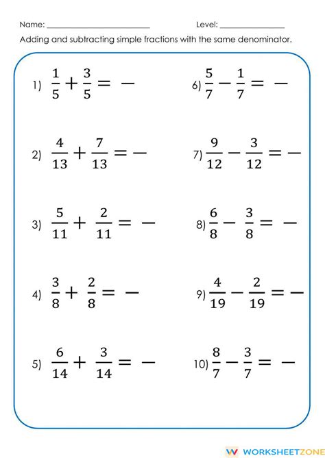 Addition And Subtraction Of Fractions Worksheet Zone