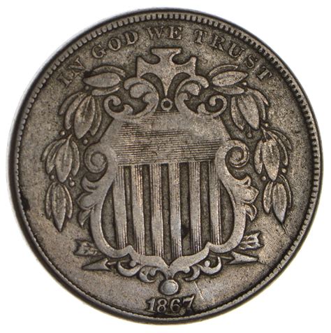 Rare First Us Nickel 1867 Without Rays Shield Nickel Us Type