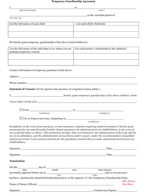 Temporary Guardianship Agreement Form Download Printable