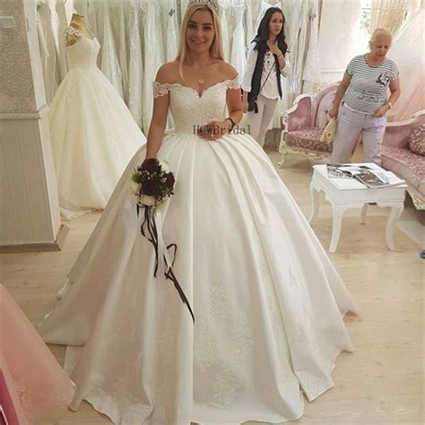 Custom Made Ball Gown Satin Wedding Dresses Off The Shoulder Boat Neck