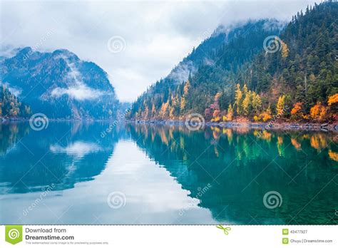 Beautiful Long Lake In Autumn Jiuzhaigou Stock Image Image Of