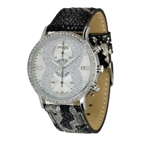 montre femme moog paris chrono in 8 avec cadran blanc eléments swarovski bracelet noir et