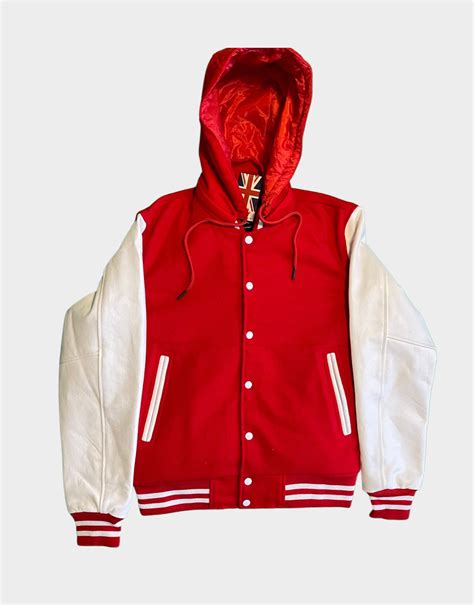 Red Varsity Jacket With Detachable Hood Mens Red Varsity Jacket