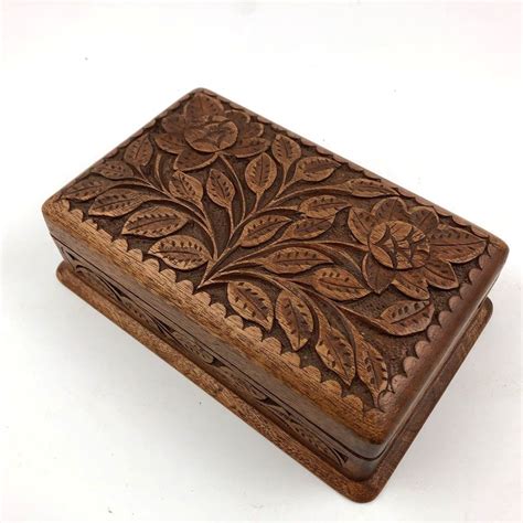 Vintage Carved Wooden Hinged Trinket Box Jewelry Box Floral Design