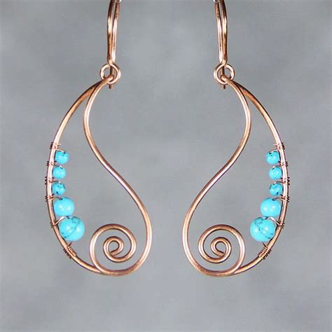 Copper Earrings Turquoise Earrings Wiring Earrings Teardrop Etsy