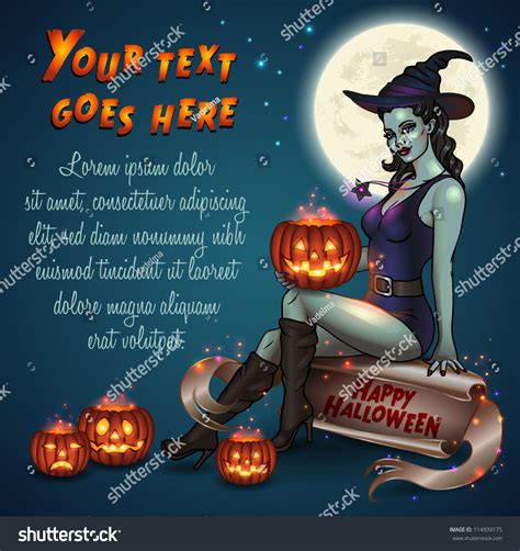 Sexy Pinup Witch Pumpkins Sitting On Stock Vector 114939175 Shutterstock