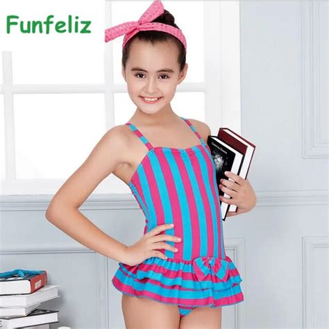 Buy Funfeliz Girls Swimsuit One Piece Swimwear Striped Swimming Suit With Skirt